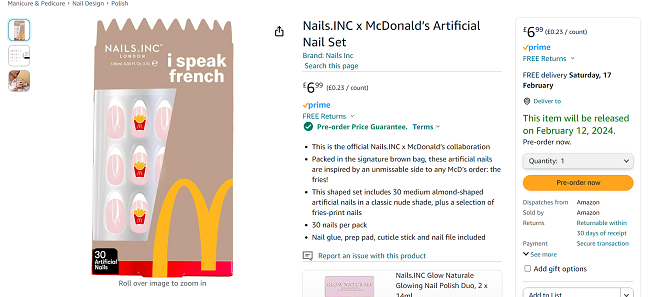 Screenshot showing Nails.INC x McDonald’s Artificial Nail Set for £6.99 at Amazon