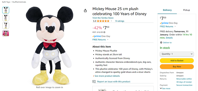Screenshot showing Mickey Mouse 25cm Plush Celebrating 100 Years of Disney for £7.50 at Amazon