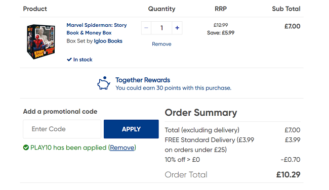 Screenshot showing Marvel Spider-Man Story Book & Paint Your Own Money Box for £6.30 with code at The Works