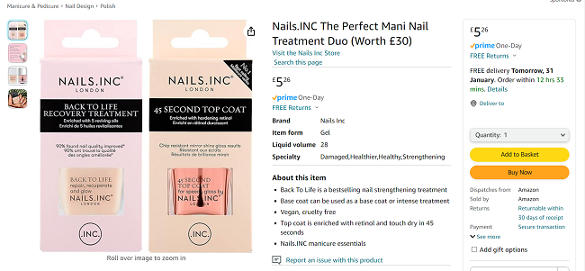 Screenshot showing Nails.INC The Perfect Mani Nail Treatment Duo for £5.26 at Amazon