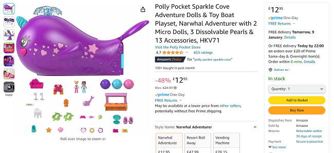 Screenshot showing Polly Pocket Sparkle Cove Adventure Narwhal Playset for £12.95 at Amazon