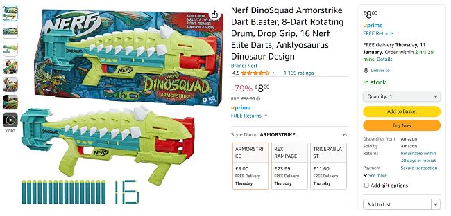 Screenshot showing Nerf DinoSquad Armorstrike Dart Blaster for £8 at Amazon