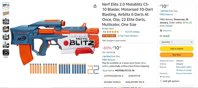 Screenshot showing Nerf Elite 2.0 Motoblitz CS-10 Blaster for £10.17 at Amazon