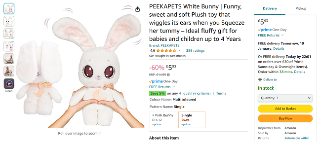 Screenshot showing Peekapets Bunny toy for £5.93 at Amazon