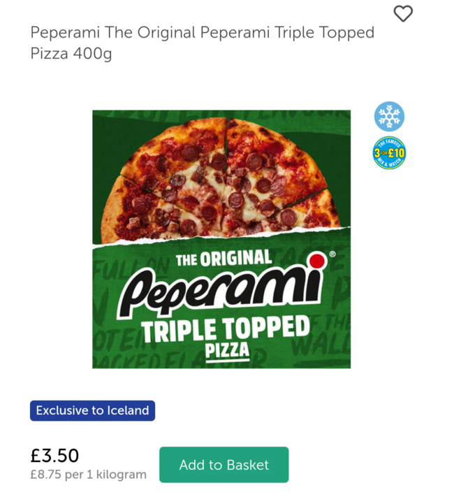 Screenshot showing Peperami Triple Topped Pizza at Iceland