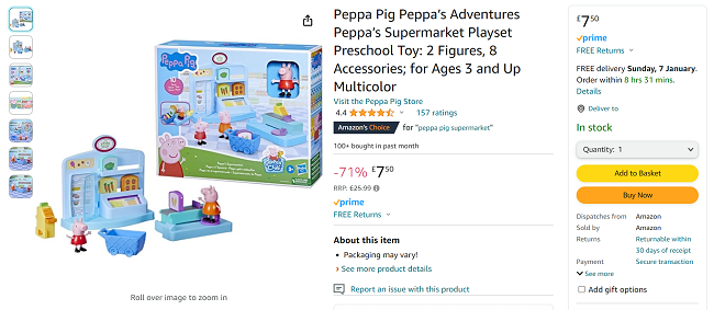 Screenshot showing Peppa Pig Peppa's Supermarket Playset for £7.50 at Amazon