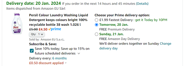Screenshot showing Persil Colour Laundry Washing Liquid Detergent 38 Wash for £4.50 at Amazon