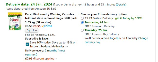 Screenshot showing Persil 3 in 1 Bio Laundry Washing Capsules 50 Wash Pack for £8.55 at Amazon
