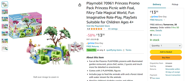 Screenshot showing Playmobil 70961 Princess Picnic with Foal Promo Pack for £13.93 at Amazon