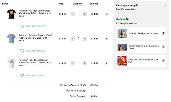 Screenshot showing 3 x Pokemon Kids T-Shirts for £8.99 at Zavvi