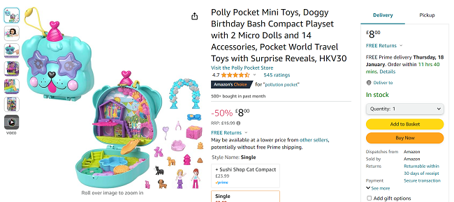 Screenshot showing Polly Pocket Doggy Birthday Bash Compact Playset for £8 at Amazon