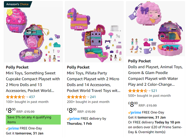 Screenshot of Polly Pocket sets for £8 each at Amazon