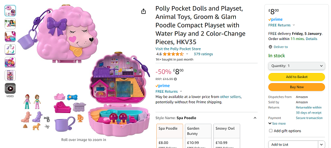 Screenshot of Polly Pocket Groom & Glam Poodle Compact Playset for £8 at Amazon