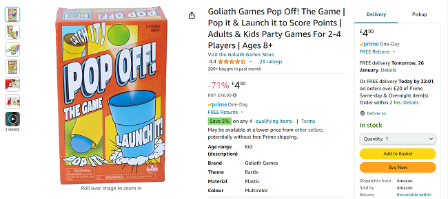 Screenshot showing Goliath Pop Off! Party Game for £4.90 at Amazon