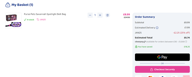 Screenshot showing Purse Pets Savannah Spotlight Belt Bag for £6.74 with code at Bargain Max