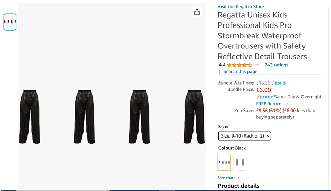 Regatta Unisex Kids Pro Stormbreak Waterproof Overtrousers with Safety Reflective Detail TrousersPack Of 2 £6 @ Amazon