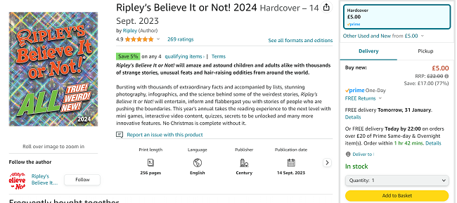 Screenshot showing Ripley’s Believe It or Not! 2024 for £5 at Amazon
