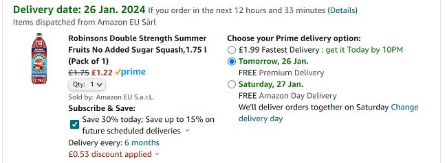 Screenshot showing Robinsons Double Strength No Added Sugar Squash 1.75 Litre for £1.22 at Amazon