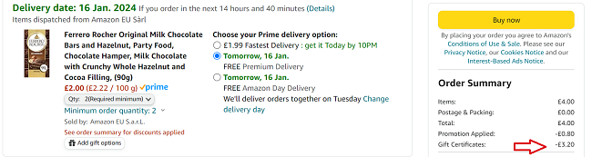 Screenshot showing Ferrero Rocher Milk Chocolate with Crunchy Whole Hazelnut and Cocoa Filling 90g x 2 for £3.20 at Amazon