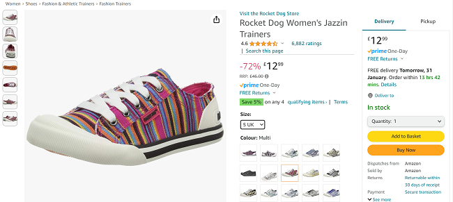 Screenshot showing Rocket Dog Women's Jazzin Trainers for £12.99 at Amazon