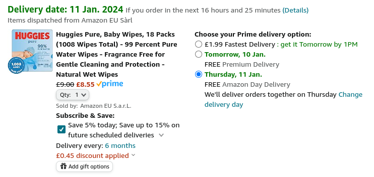  Huggies Pure Baby Wipes, 18 Pack £8.55 @ Amazon