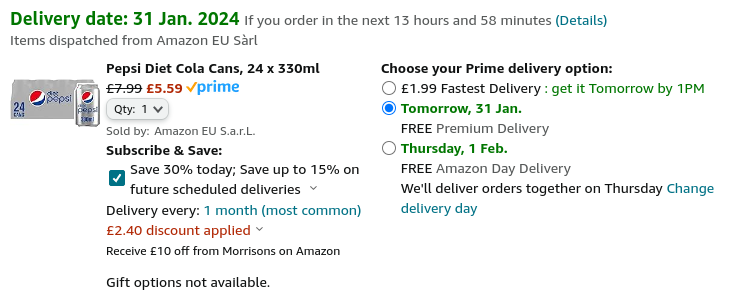 Diet Pepsi 24 x 330ml Cans £5.59 @ Amazon