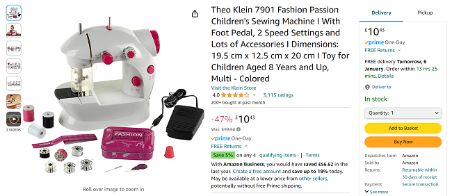 Screenshot showing Theo Klein Fashion Passion Children's Sewing Machine for £10.43 at Amazon