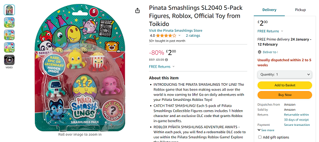Screenshot showing Roblox Pinata Smashlings 5-Pack Figures for £2 at Amazon