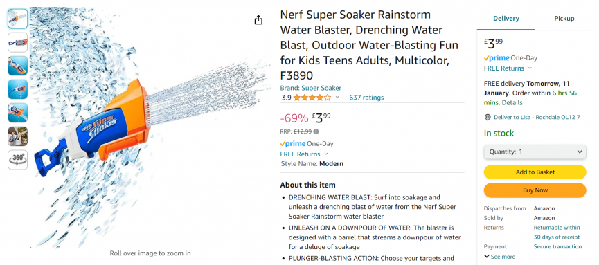 Screenshot showing Nerf Super Soaker Rainstorm Water Blaster for £3.99 at Amazon