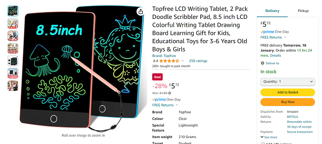 Screenshot showing Kids LCD Writing Tablet 2 Pack 8.5” for £5.72 at Amazon/BEFOLA