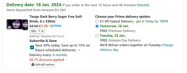 Screenshot showing Tango Dark Berry Sugar Free Soft Drink, 6 x 330ml for £1.75 at Amazon