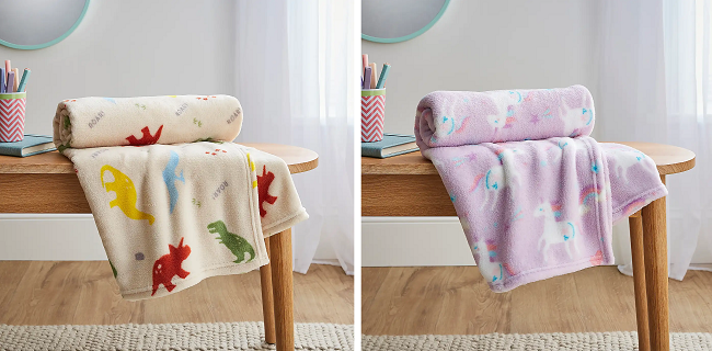 Kids dinosaur and unicorn Fleece Throws from Dunelm
