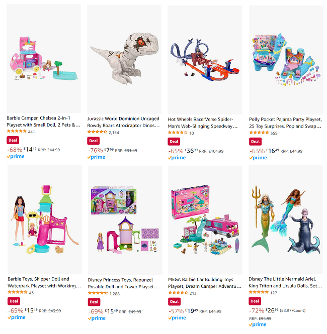 Screenshot of reduced toys at Amazon