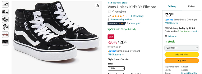 Screenshot showing Vans Unisex Kid's Yt Filmore Hi Sneaker for £20 at Amazon