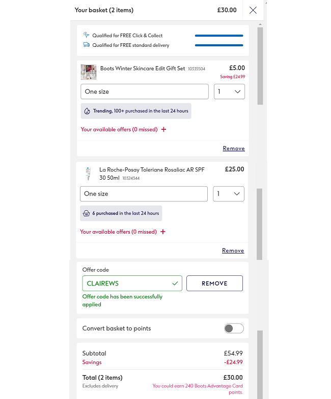 Screenshot showing Boots Winter Skincare Edit Gift Set for £5 with code when you spend £25 on selected skincare at Boots
