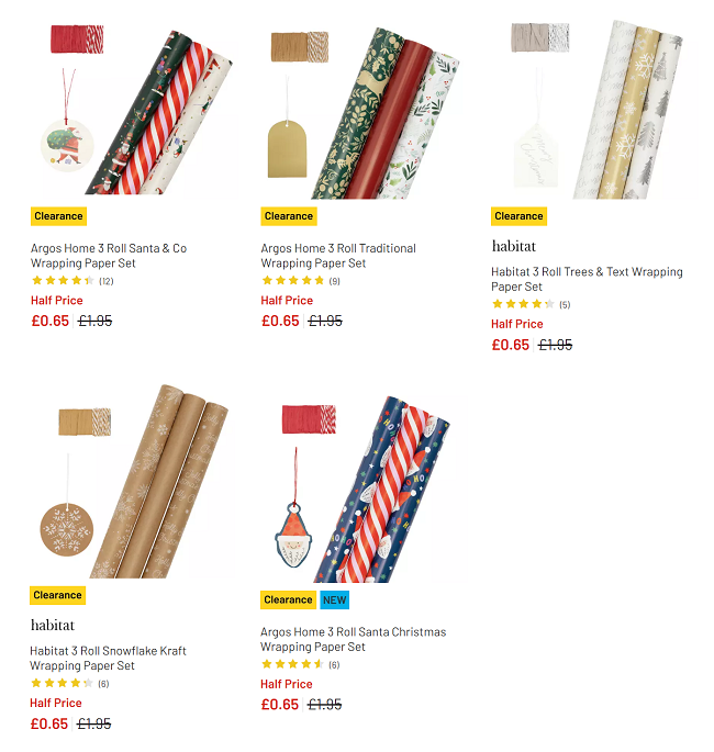 Screenshot of 3 Roll Christmas Wrapping Paper Sets for 65p at Argos
