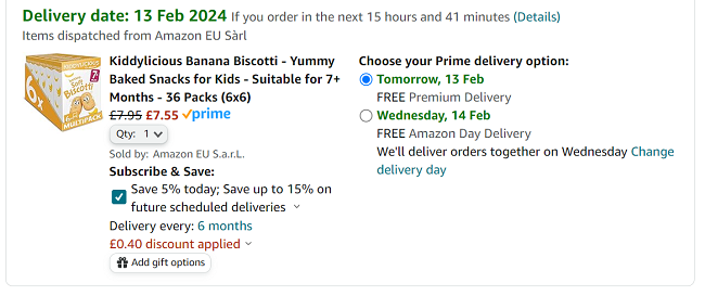Screenshot showing Kiddylicious Banana Biscotti 36 Packs (6x6) for £7.55 at Amazon