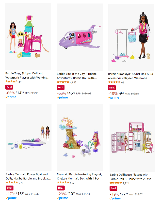 Screenshot of reduced Barbie toys at Amazon
