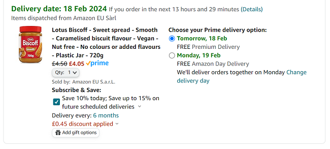 Screenshot showing Large Lotus Biscoff Original Biscuit Spread 720g for £4.05 at Amazon
