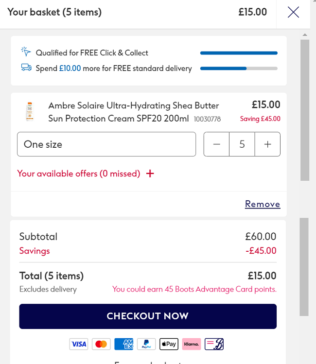 Screenshot showing Ambre Solaire Sun Protection Cream 5 for £15 at Boots