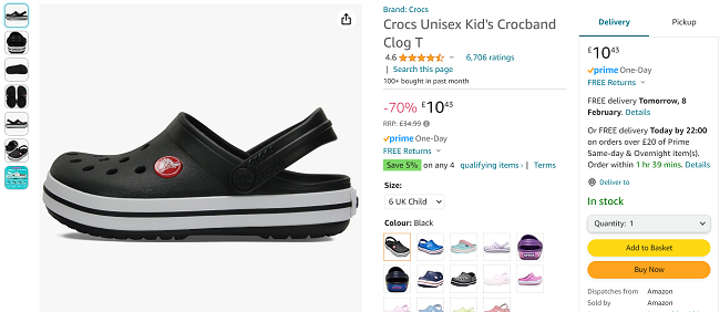 Screenshot showing Crocs Unisex Kid's Crocband Clog for £10.43 at Amazon