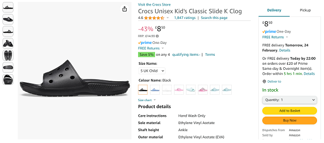 Screenshot showing Crocs Unisex Kid's Classic Slide Clog for £8.50 at Amazon