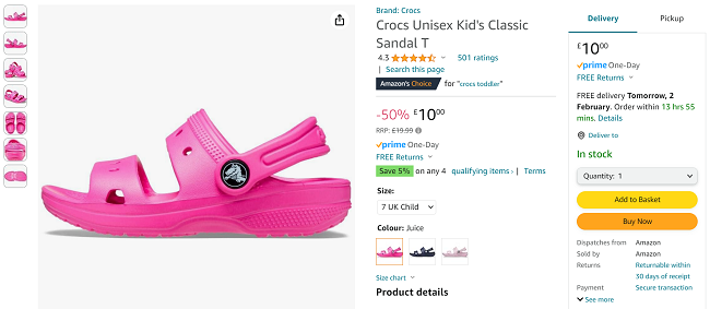 Screenshot showing Crocs Unisex Kid's Classic Sandal in Pink for £10 at Amazon