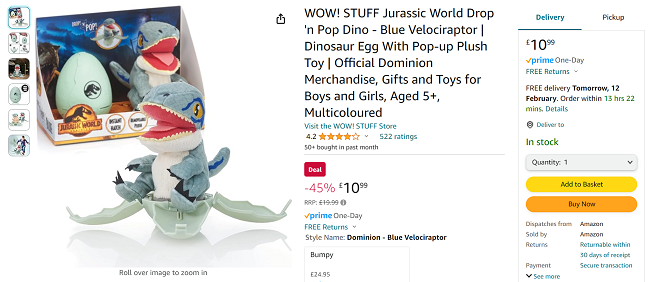 Screenshot showing Jurassic World Drop 'n Pop Dino Blue Velociraptor for £10.99 at Amazon