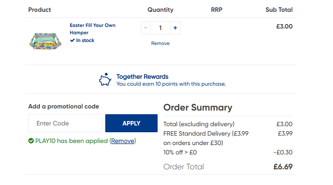 Screenshot showing Easter Fill Your Own Hamper Kit for £2.70 with code at The Works