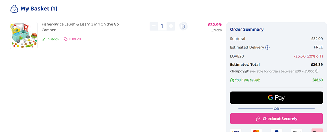 Screenshot showing Fisher-Price Laugh & Learn 3 in 1 On the Go Camper for £26.39 with code at Bargain Max