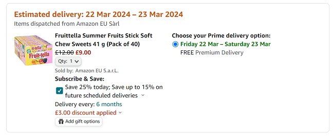 Screenshot of Fruittella Summer Fruits Stick Soft Chew Sweets 41 g (Pack of 40) for £9 at Amazon