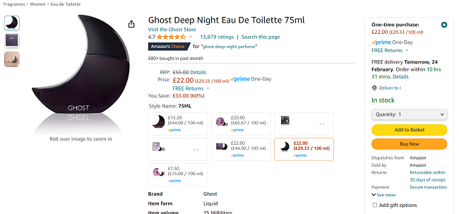 Screenshot showing Ghost Deep Night 75ml for £22 at Amazon