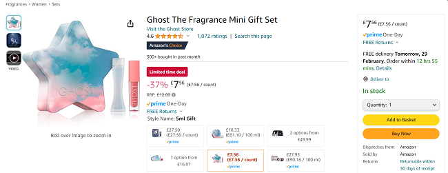 Screenshot showing Ghost The Fragrance Mini Gift Set for £7.56 at Amazon