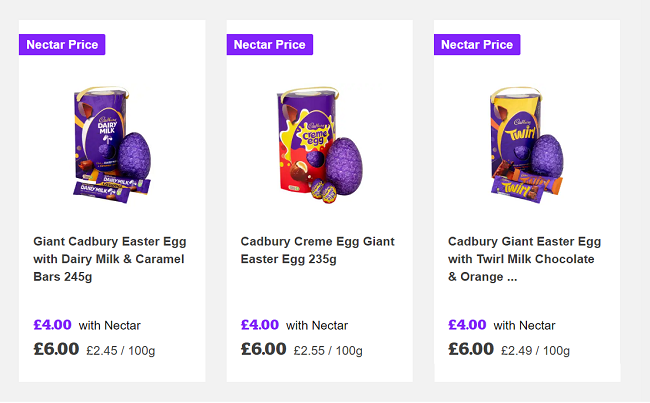 Screenshot showing Giant Easter Eggs £4 Nectar Price at Sainsbury's